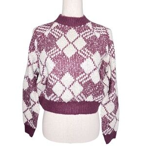 NWOT A Collective Story Burgundy off white Argyle Cropped crew sweater Size M